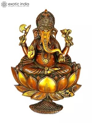 19" Lord Ganesha Seated On Lotus Wall Hanging In Brass