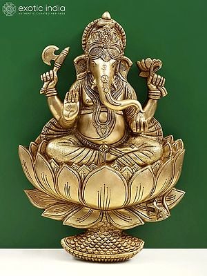 19" Lord Ganesha Seated On Lotus Wall Hanging In Brass