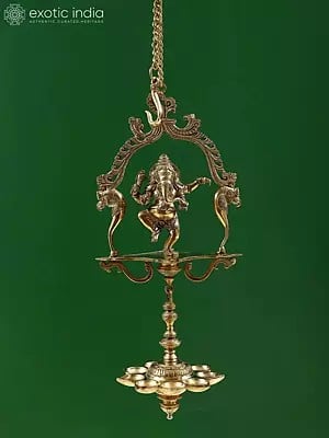15" Brass Dancing Ganesha with Hanging Diya