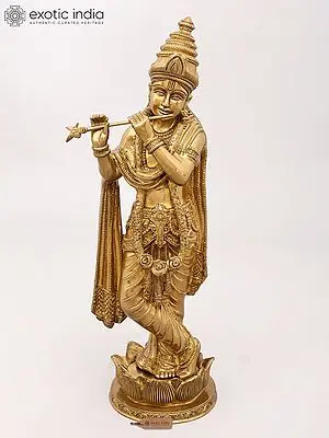 Divine Brass Statue of Lord Krishna with Flute on Lotus Base