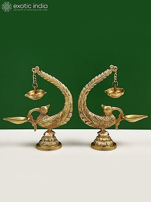 8" Brass Pair of Peacock Lamp with Five Wicks Diya Hanging on Peacock's Tail