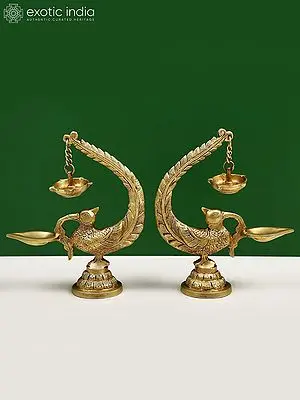 Decorative Brass Peacock Lamp Pair with Five Wick Diya