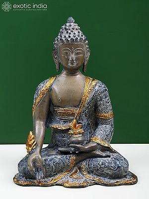 10" Brass Medicine Buddha Idol with Bowl of Medicinal Herbs