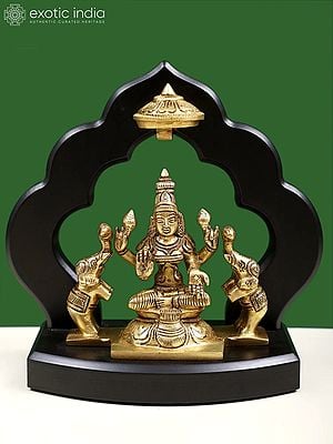 7" Brass Goddess Gaja Lakshmi Sitting on Wooden Temple