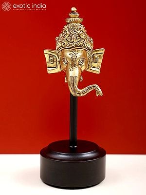 5" Small Brass Ganesha Head with Wooden Base