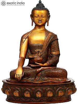 20" Lord Buddha in Earth Touching Gesture Wearing a Fullly Carved Robe (Tibetan Buddhist) In Brass | Handmade | Made In India