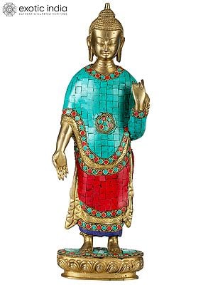 15" Standing Buddha - Tibetan Buddhist In Brass | Handmade | Made In India