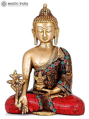 7" Tibetan Buddhist Deity Medicine Buddha with Inlay Work In Brass | Handmade | Made In India