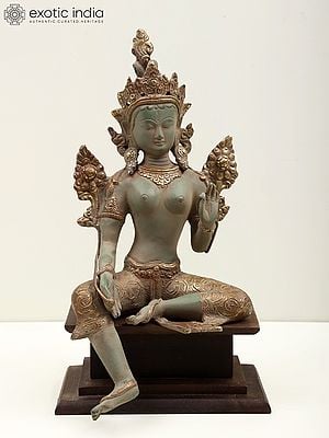 14" Tibetan Buddhist Deity Green Tara, Steeped In Dhyana On A Wood Pedestal In Brass