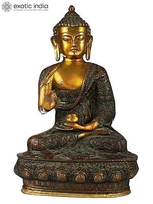 12" Tibetan Buddhist Deity Preaching Buddha Wearing a Carved Robe In Brass | Handmade | Made In India