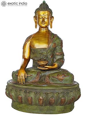 32" Lord Buddha in Bhumisparsha Mudra Wearing a Robe Carved with Auspicious Symbols | Handmade Large Brass Idol