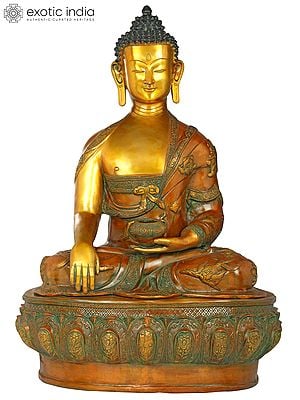 32" Tibetan Buddhist Lord Buddha in Bhumisparsha Mudra Wearing a Robe Carved With Auspicious Symbols - Large Size In Brass | Handmade | Made In India