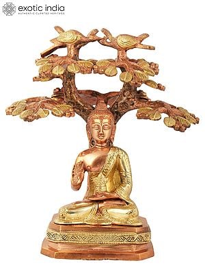 9" Lord Buddha Preaching Under The Bodhi Tree (Tibetan Buddhist) In Brass | Handmade | Made In India