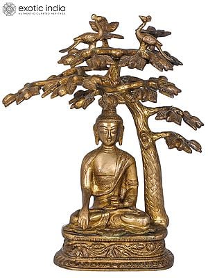 12" Lord Buddha Attaining Spiritual Enlightenment Under The Bodhi Tree - Tibetan Buddhist In Brass | Handmade | Made In India