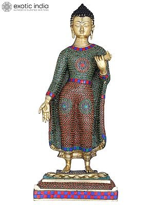 22" Standing Inlay Buddha - Tibetan Buddhist In Brass | Handmade | Made In India