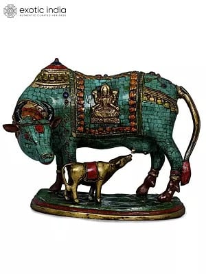 8" Cow and Calf - Lakshmi Ganesha Carved On Saddle In Brass | Handmade | Made In India