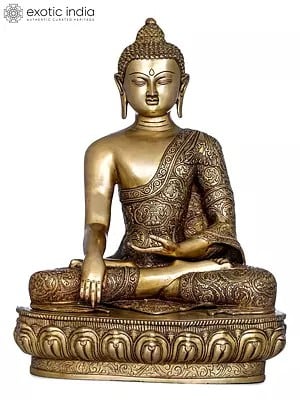 21" Shakyamuni Buddha Brass Statue in Bhumisparsha Mudra Wearing Fully Carved Robe