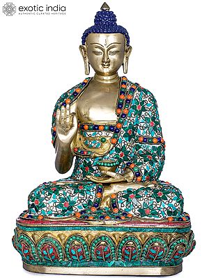 16" Heavenly Glamour of Buddha Brass Statue with Inlay Work | Handmade