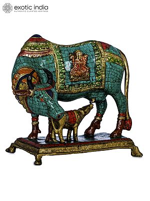 8" Mother Cow Nourishes Her Young One In Brass | Handmade | Made In India