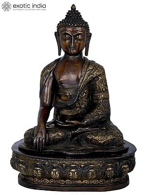 21" Lord Buddha Seated On Lotus Seat Wearing an Extensively Carved Robe - Tibetan Buddhist In Brass | Handmade | Made In India