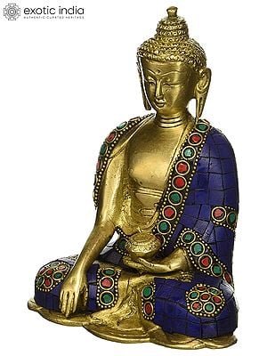 5" Brass Lord Buddha Statue in Bhumisparsha Mudra (Wearing Lapis Hued Robe) | Handmade