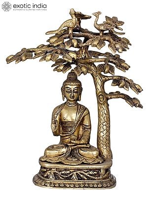 12" Tibetan Buddhist Deity Buddha Under Bodhi Tree in Brass | Handmade