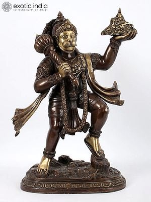 Brown Colour Lord Hanuman Idol Carrying Mountain of Sanjeevani Herbs | Brass Statue