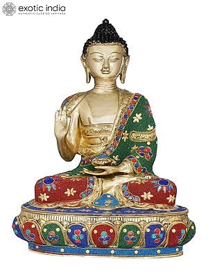 15" Tibetan Buddhist Lord Buddha Decorated with Inlay Pearls In Brass | Handmade | Made In India
