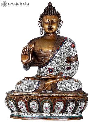 45" Large Inlay Brass Buddha Statue Seated on Lotus | Indian Handcrafted Idol