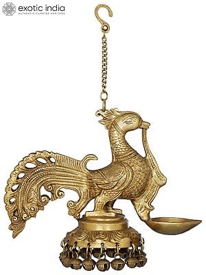 7" Brass Roof Hanging Peacock Lamp with Ghungroos | Handmade | Made in India