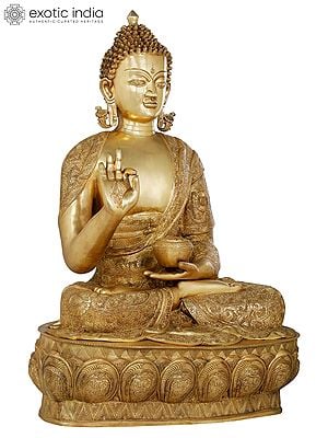 35" Gracious Buddha, Clad in a Luxuriant Robe in Brass | Indian Handcrafted Idol