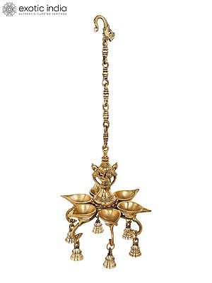 10" Roof Hanging Six Wicks Lamp with Bells in Brass | Handmade | Made in India