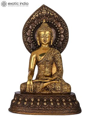 13" Shakyamuni Buddha Idol with Large Lotus Petals Aureole | Handmade Tibetan Buddhist Brass Statue