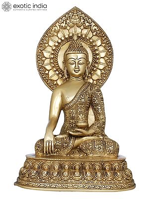 13" Shakyamuni Buddha Idol with Large Lotus Petals Aureole | Handmade Tibetan Buddhist Brass Statue