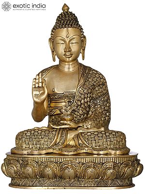 22" Padamasana Lord Buddha Clad in A Superbly Woven Robe | Handmade Indian Brass Statues