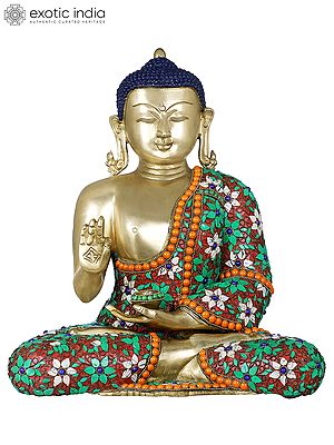 14" Tibetan Buddhist Lord Buddha with Floral Inlayed Robe In Brass | Handmade | Made In India