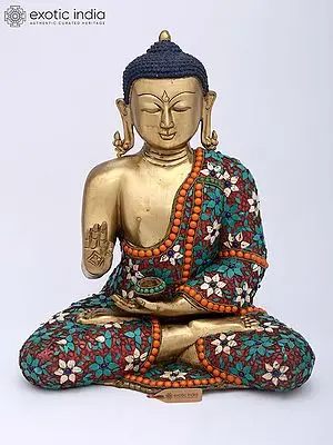 14" Tibetan Buddhist Lord Buddha with Floral Inlayed Robe In Brass | Handmade | Made In India