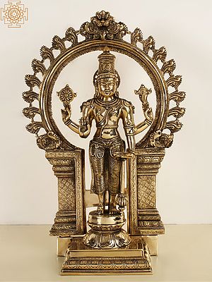 21" Chaturbhuja Standing Vishnu with Kirtimukha Ring In Brass | Handmade | Made In India