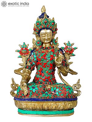 12" Richly Inlaid Seven-Eyed White Tara Brass Idol | Handmade | Made In India