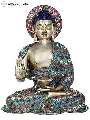 28" Tibetan Buddhist Lord Buddha, His Robe Decorated with Fine Inlay Work In Brass | Handmade | Made In India