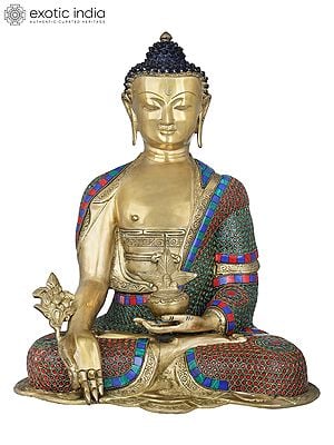 16" Handmade Medicine Buddha Brass Statue | Tibetan Buddhist Healing Buddha With Herbs