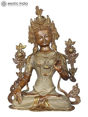 14" Padmasana White Tara in A Beige Robe | Indian Handcrafted Brass Idol