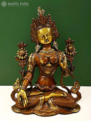 14" Padmasana White Tara in A Beige Robe | Indian Handcrafted Brass Idol