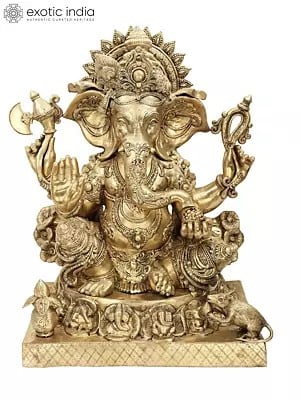 32" Large Size Blessing Ganesha Seated on Ashta-Ganesha Base In Brass | Handmade | Made In India