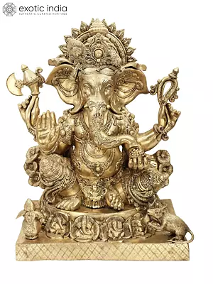 32" Large Size Blessing Ganesha Seated on Ashta-Ganesha Base In Brass | Indian Handcrafted Idol