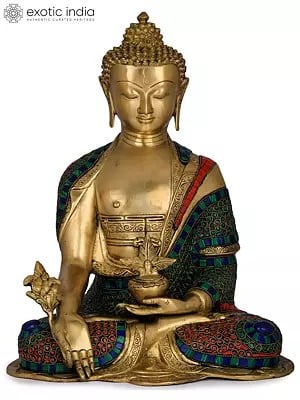 16" Resplendent Medicine Buddha in A Robe of Blue | Handmade Brass Statue