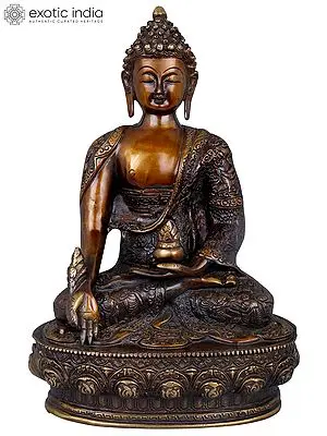 12" Tibetan Buddhist Medicine Buddha (Robes Decorated with the Scenes from His Life) In Brass | Handmade | Made In India