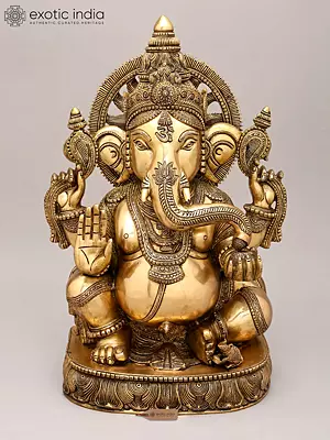 19" Superfine Chaturbhuja Blessing Ganesha In Brass | Handmade | Made In India