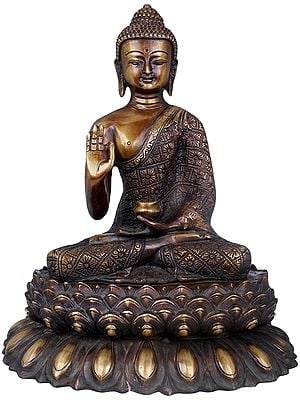 11" Vitarka Mudra Buddha Upon A Luxuriant Lotus Pedestal | Handmade Brass Statue