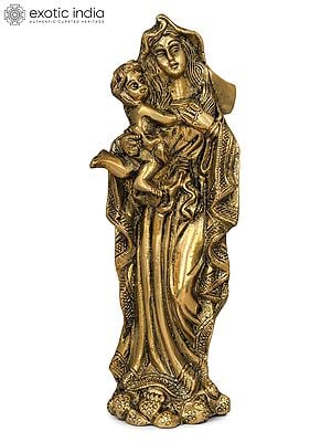 7" Mother Mary with Baby Jesus Brass Statue | Handmade | Made in India